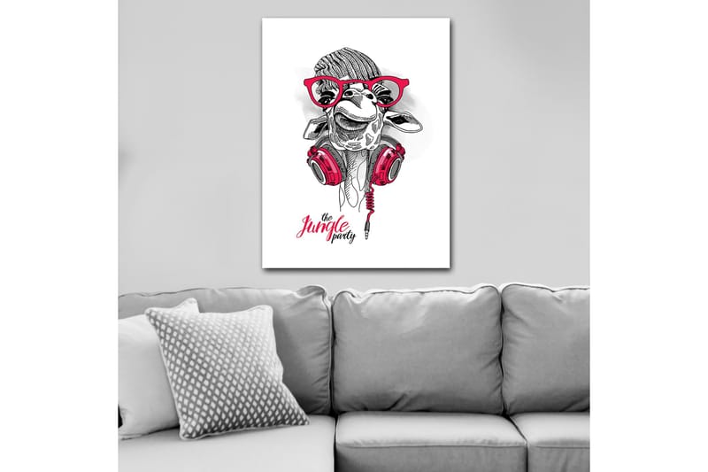Lerretsbilde 70x100 cm - Glad sjiraff med hodetelefoner og briller, som gir en leken og moderne følelse - Rød / Svart / Hvit - Interiør - Maleri & posters - Lerretsbilder