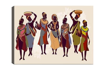 Lerretsbilde 70x100 cm - Gruppe kvinner i tradisjonelle klær som bærer gjenstander på hodet og i hendene - Mørk brun / Rød / Grønn - Interiør - Maleri & posters - Lerretsbilder