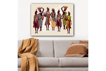 Lerretsbilde 70x100 cm - Gruppe kvinner i tradisjonelle klær som bærer gjenstander på hodet og i hendene - Mørk brun / Rød / Grønn - Interiør - Maleri & posters - Lerretsbilder