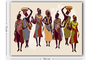 Lerretsbilde 70x100 cm - Gruppe kvinner i tradisjonelle klær som bærer gjenstander på hodet og i hendene - Mørk brun / Rød / Grønn - Interiør - Maleri & posters - Lerretsbilder