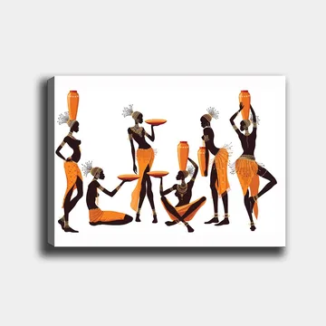 Lerretsbilde 70x100 cm - Gruppe kvinner i tradisjonelle klær som bærer kar og tallerkener - Oransje / Svart - Interiør - Maleri & posters - Lerretsbilder