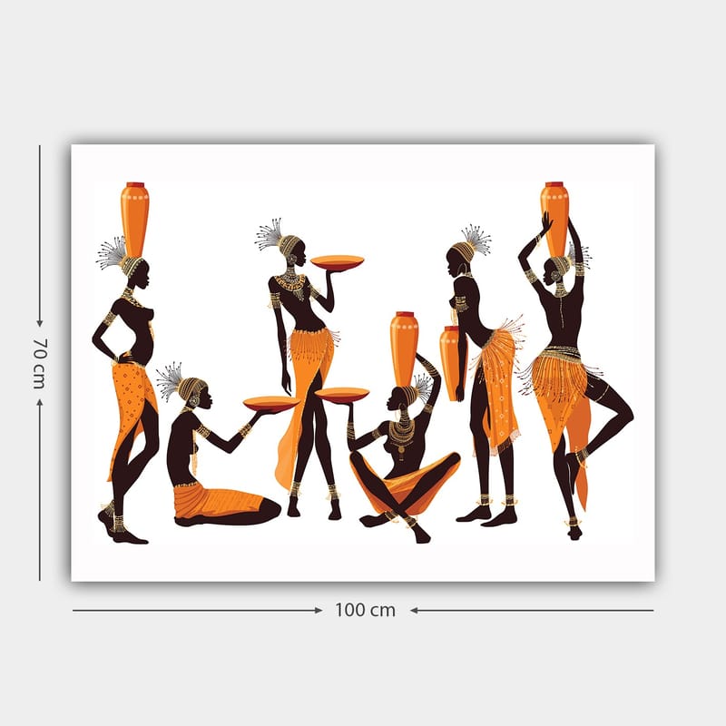 Lerretsbilde 70x100 cm - Gruppe kvinner i tradisjonelle klær som bærer kar og tallerkener - Oransje / Svart - Interiør - Maleri & posters - Lerretsbilder