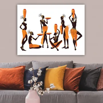 Lerretsbilde 70x100 cm - Gruppe kvinner i tradisjonelle klær som bærer kar og tallerkener - Oransje / Svart - Interiør - Maleri & posters - Lerretsbilder