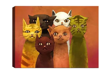 Lerretsbilde 70x100 cm - Gruppe med seks fargerike katter i forskjellige nyanser som står sammen - Gul / Brun / Grønn - Interiør - Maleri & posters - Lerretsbilder
