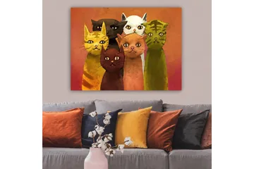 Lerretsbilde 70x100 cm - Gruppe med seks fargerike katter i forskjellige nyanser som står sammen - Gul / Brun / Grønn - Interiør - Maleri & posters - Lerretsbilder