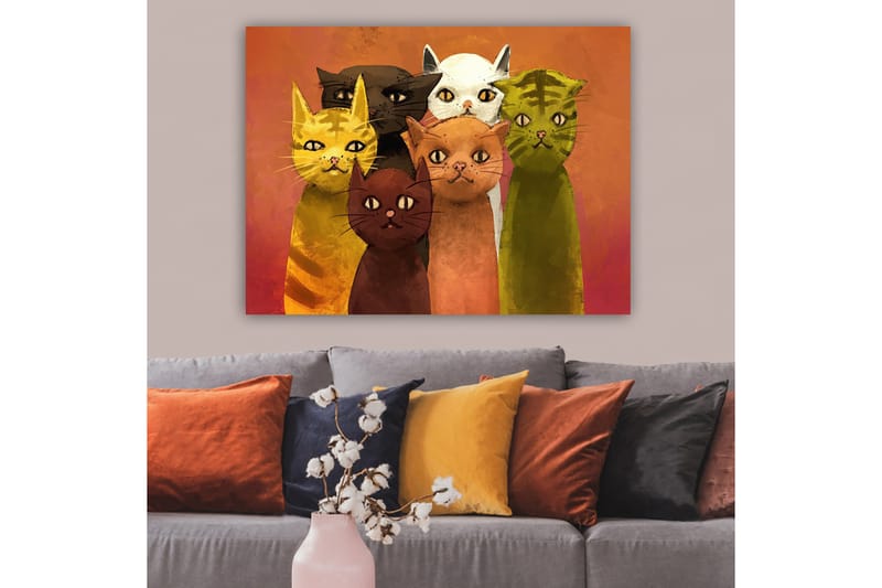 Lerretsbilde 70x100 cm - Gruppe med seks fargerike katter i forskjellige nyanser som står sammen - Gul / Brun / Grønn - Interiør - Maleri & posters - Lerretsbilder