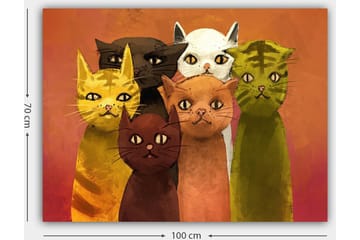 Lerretsbilde 70x100 cm - Gruppe med seks fargerike katter i forskjellige nyanser som står sammen - Gul / Brun / Grønn - Interiør - Maleri & posters - Lerretsbilder