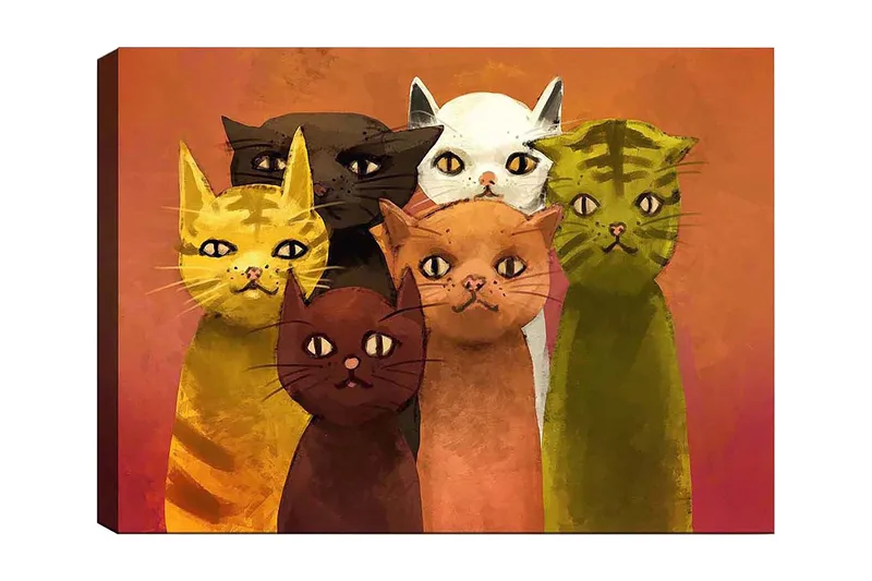 Lerretsbilde 70x100 cm - Gruppe med seks fargerike katter i forskjellige nyanser som står sammen, Gul / Brun / Grønn