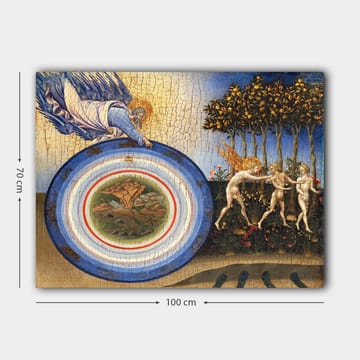 Lerretsbilde 70x100 cm - Guddommelig figur som rekker mot en sirkel med landskapsmotiv, omgitt av engler og trær - Blå / Grønn / Beige - Interiør - Maleri & posters - Lerretsbilder