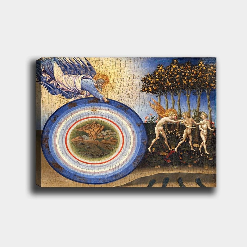 Lerretsbilde 70x100 cm - Guddommelig figur som rekker mot en sirkel med landskapsmotiv, omgitt av engler og trær - Blå / Grønn / Beige - Interiør - Maleri & posters - Lerretsbilder