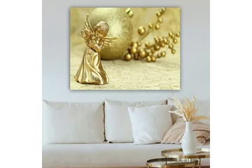 Lerretsbilde 70x100 cm - Gyllen engel som spiller fløyte, omgitt av dekorative elementer - Gull / Beige - Interiør - Maleri & posters - Lerretsbilder