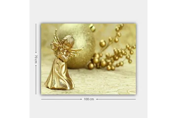 Lerretsbilde 70x100 cm - Gyllen engel som spiller fløyte, omgitt av dekorative elementer - Gull / Beige - Interiør - Maleri & posters - Lerretsbilder