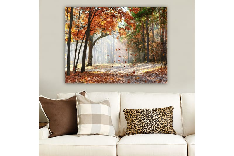 Lerretsbilde 70x100 cm - Høstskoglandskap med fallende blader i varme farger - Oransje / Brun / Grønn - Interiør - Maleri & posters - Lerretsbilder