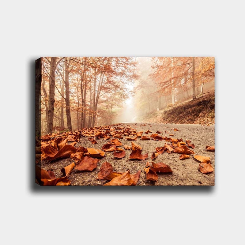Lerretsbilde 70x100 cm - Høstvei omkranset av falne, brune blader under trær med gyllent og oransje løvverk, Oransje / Brun