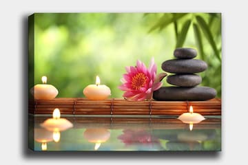 Lerretsbilde 70x100 cm - Harmonisk komposisjon av steiner, en lotusblomst og stearinlys som skaper en rolig og avslappende atmosfære - Rosa / Svart / Beige - Interiør - Maleri & posters - Lerretsbilder
