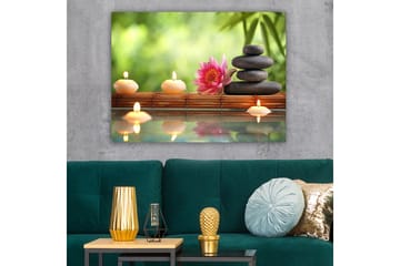 Lerretsbilde 70x100 cm - Harmonisk komposisjon av steiner, en lotusblomst og stearinlys som skaper en rolig og avslappende atmosfære - Rosa / Svart / Beige - Interiør - Maleri & posters - Lerretsbilder