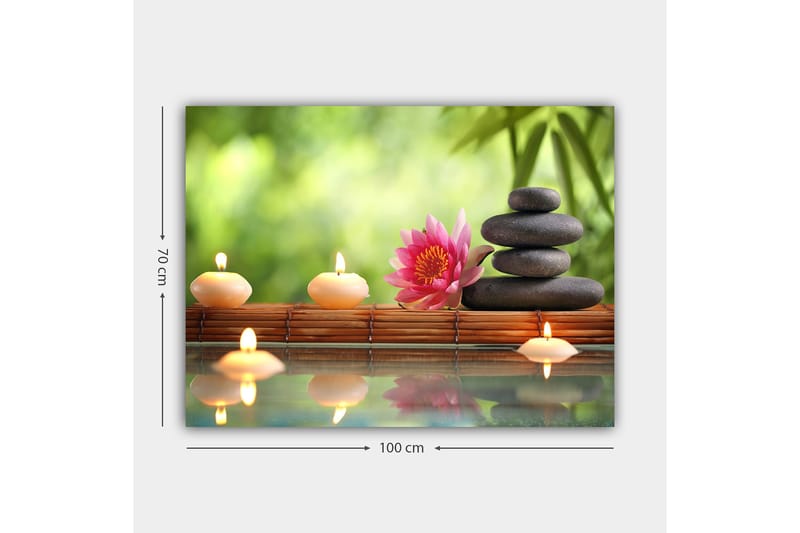 Lerretsbilde 70x100 cm - Harmonisk komposisjon av steiner, en lotusblomst og stearinlys som skaper en rolig og avslappende atmosfære - Rosa / Svart / Beige - Interiør - Maleri & posters - Lerretsbilder