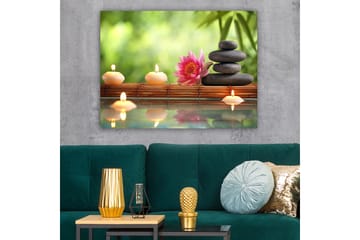 Lerretsbilde 70x100 cm - Harmonisk komposisjon av steiner, en lotusblomst og stearinlys som skaper en rolig og avslappende atmosfære - Rosa / Svart / Beige - Interiør - Maleri & posters - Lerretsbilder