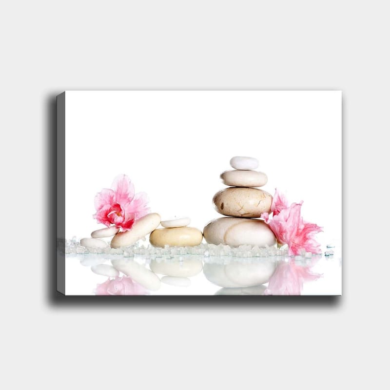 Lerretsbilde 70x100 cm - Harmonisk komposisjon av steiner og rosa blomster som symboliserer ro og balanse, Rosa / Beige / Hvit