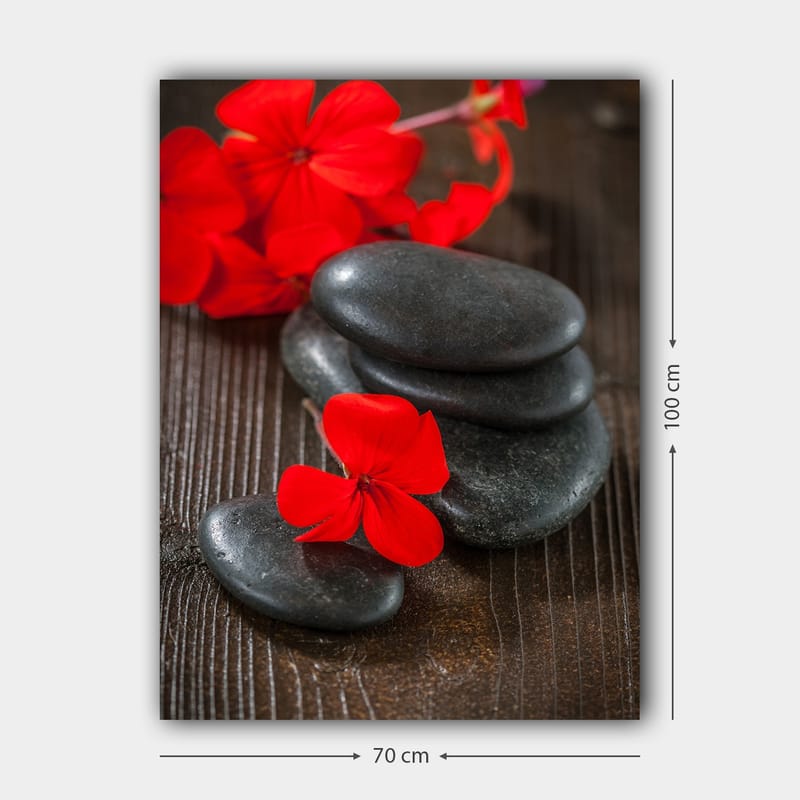 Lerretsbilde 70x100 cm - Harmonisk komposisjon av svarte steiner og røde blomster som skaper en kontrastfylt og rolig atmosfære - Rød / Svart - Interiør - Maleri & posters - Lerretsbilder