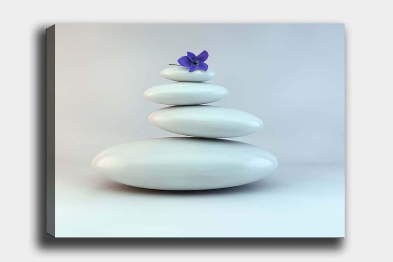 Lerretsbilde 70x100 cm - Haug med hvite steiner med en lilla blomst på toppen - Hvit / Lilla - Interiør - Maleri & posters - Lerretsbilder