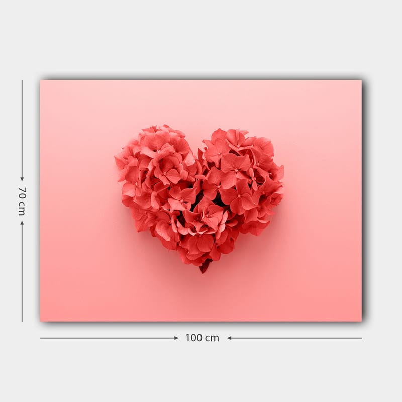 Lerretsbilde 70x100 cm - Hjerteformet blomsterkomposisjon i en romantisk og leken stil - Korallrød / Lys rosa - Interiør - Maleri & posters - Lerretsbilder