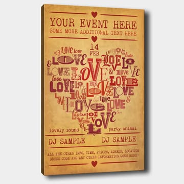 Lerretsbilde 70x100 cm - Hjerteformet komposisjon av ord som uttrykker kjærlighet og romantikk - Rød / Mørk rød / Beige - Interiør - Maleri & posters - Lerretsbilder