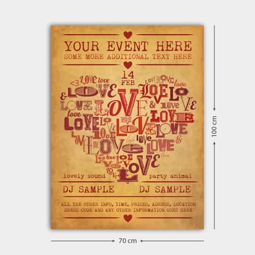 Lerretsbilde 70x100 cm - Hjerteformet komposisjon av ord som uttrykker kjærlighet og romantikk - Rød / Mørk rød / Beige - Interiør - Maleri & posters - Lerretsbilder