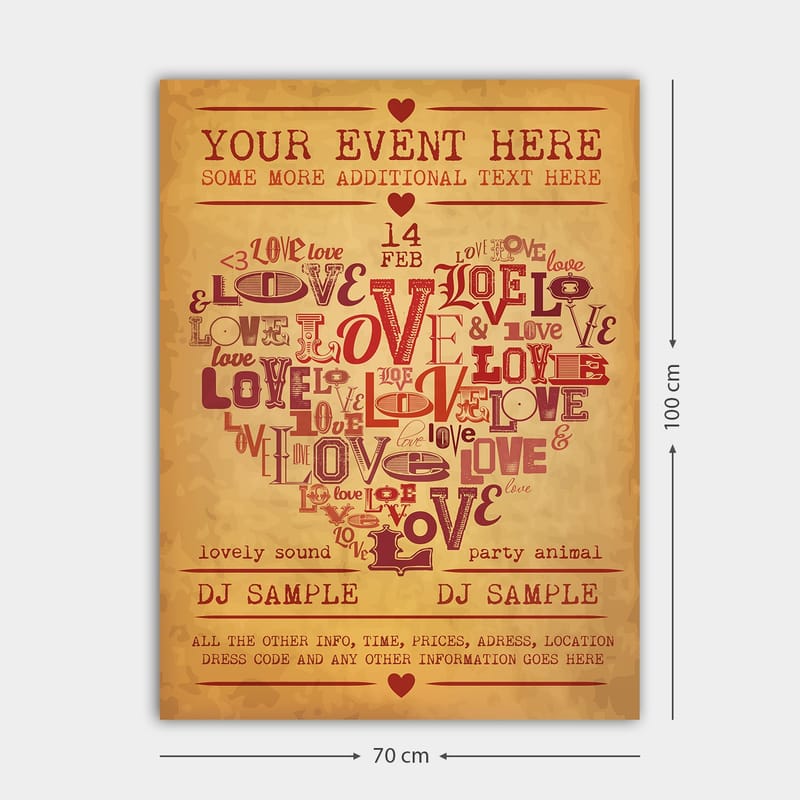 Lerretsbilde 70x100 cm - Hjerteformet komposisjon av ord som uttrykker kjærlighet og romantikk - Rød / Mørk rød / Beige - Interiør - Maleri & posters - Lerretsbilder