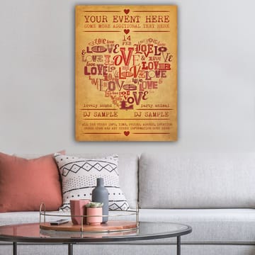 Lerretsbilde 70x100 cm - Hjerteformet komposisjon av ord som uttrykker kjærlighet og romantikk - Rød / Mørk rød / Beige - Interiør - Maleri & posters - Lerretsbilder
