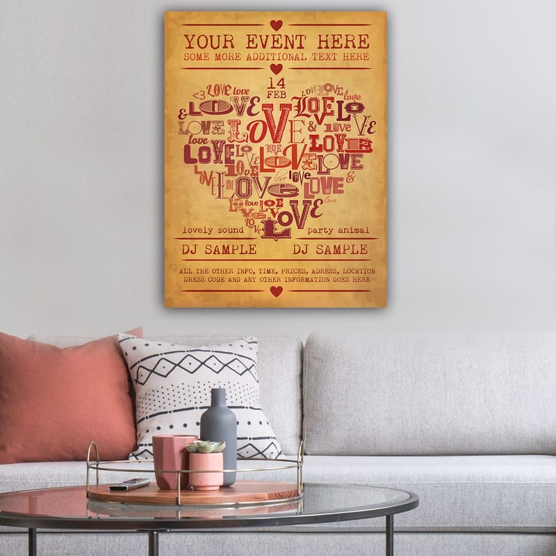 Lerretsbilde 70x100 cm - Hjerteformet komposisjon av ord som uttrykker kjærlighet og romantikk - Rød / Mørk rød / Beige - Interiør - Maleri & posters - Lerretsbilder