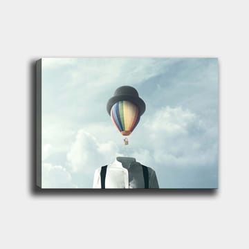 Lerretsbilde 70x100 cm - Hodeløs mann i hvit skjorte og svart hatt, med en fargerik varmluftsballong som svever over seg - Hvit / Svart / Regnbue - Interiør - Maleri & posters - Lerretsbilder