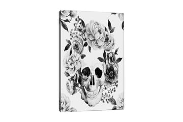Lerretsbilde 70x100 cm - Hodeskalle omgitt av vakre blomster i svart-hvitt - Svart / Hvit / Grå - Interiør - Maleri & posters - Lerretsbilder
