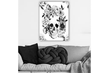Lerretsbilde 70x100 cm - Hodeskalle omgitt av vakre blomster i svart-hvitt - Svart / Hvit / Grå - Interiør - Maleri & posters - Lerretsbilder