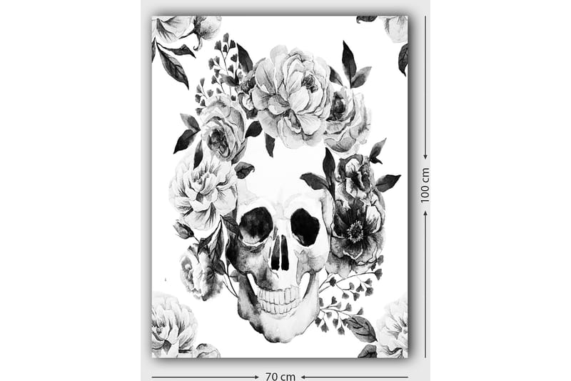 Lerretsbilde 70x100 cm - Hodeskalle omgitt av vakre blomster i svart-hvitt - Svart / Hvit / Grå - Interiør - Maleri & posters - Lerretsbilder