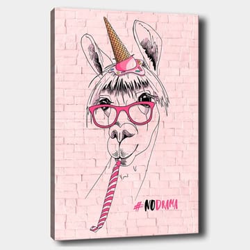 Lerretsbilde 70x100 cm - Humoristisk illustrasjon av en lama med briller og enhjørninghatt - Rosa / Svart / Hvit - Interiør - Maleri & posters - Lerretsbilder