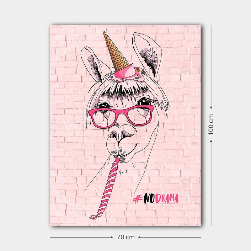 Lerretsbilde 70x100 cm - Humoristisk illustrasjon av en lama med briller og enhjørninghatt - Rosa / Svart / Hvit - Interiør - Maleri & posters - Lerretsbilder