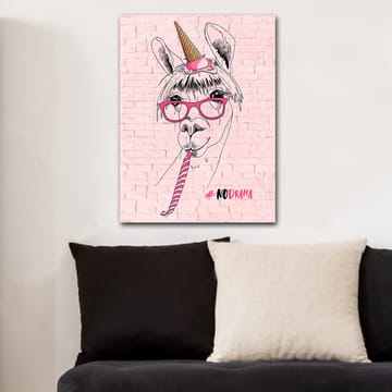 Lerretsbilde 70x100 cm - Humoristisk illustrasjon av en lama med briller og enhjørninghatt - Rosa / Svart / Hvit - Interiør - Maleri & posters - Lerretsbilder