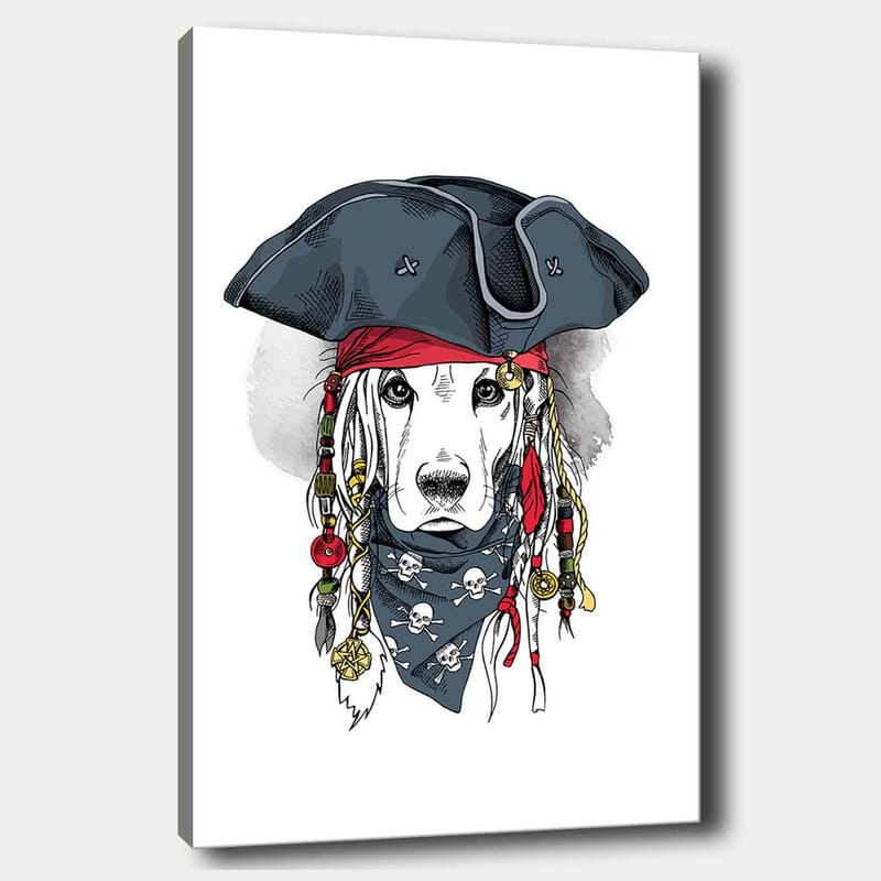 Lerretsbilde 70x100 cm - Hund utkledd som pirat med hatt og bandana, Svart / Rød / Blå
