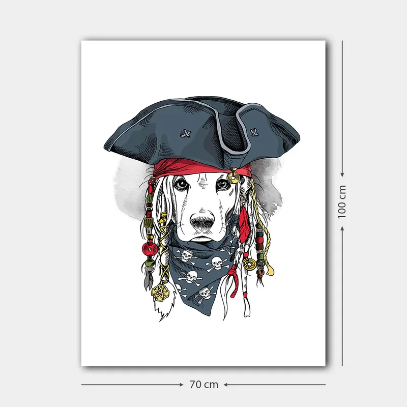 Lerretsbilde 70x100 cm - Hund utkledd som pirat med hatt og bandana - Svart / Rød / Blå - Interiør - Maleri & posters - Lerretsbilder