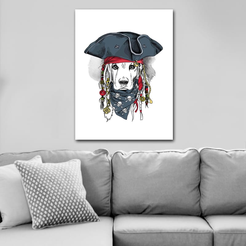Lerretsbilde 70x100 cm - Hund utkledd som pirat med hatt og bandana - Svart / Rød / Blå - Interiør - Maleri & posters - Lerretsbilder