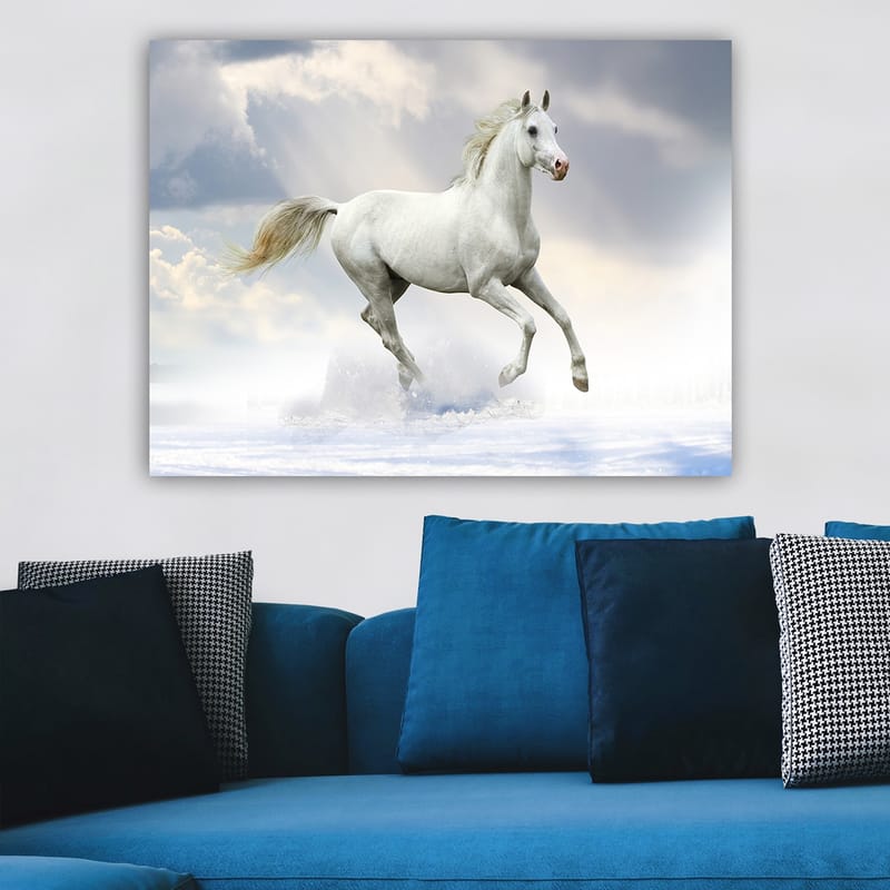 Lerretsbilde 70x100 cm - Hvit hest galopperer gjennom det snødekte landskapet under en dramatisk himmel - Hvit / Lys blå / Grå - Interiør - Maleri & posters - Lerretsbilder