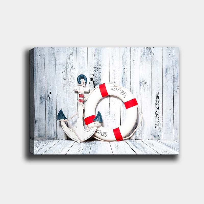 Lerretsbilde 70x100 cm - Hvit livbøye med røde detaljer og ankerformet dekorasjon i maritim stil, Hvit / Rød / Blå