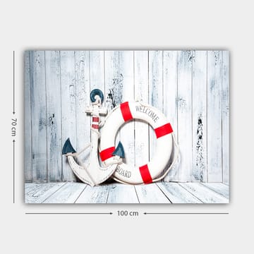 Lerretsbilde 70x100 cm - Hvit livbøye med røde detaljer og ankerformet dekorasjon i maritim stil - Hvit / Rød / Blå - Interiør - Maleri & posters - Lerretsbilder
