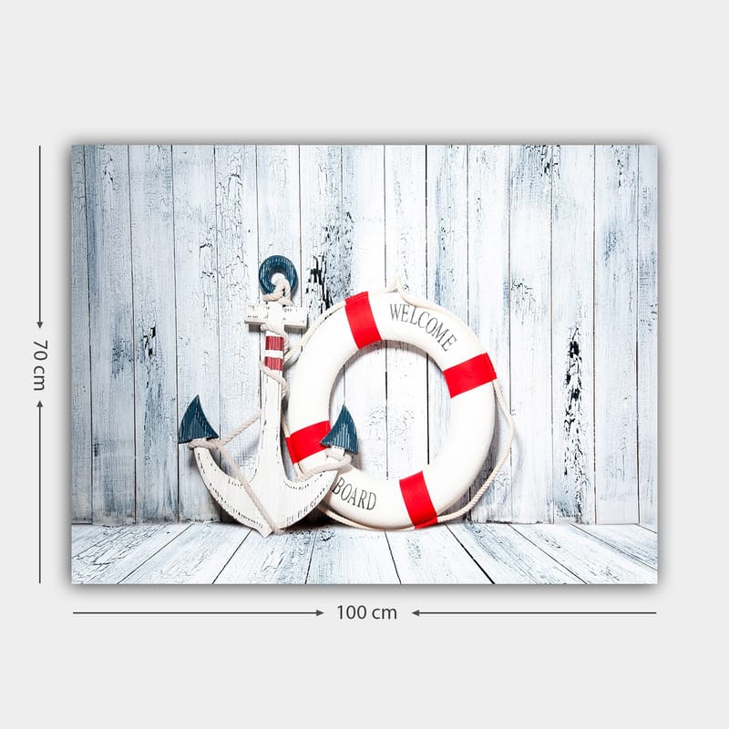 Lerretsbilde 70x100 cm - Hvit livbøye med røde detaljer og ankerformet dekorasjon i maritim stil - Hvit / Rød / Blå - Interiør - Maleri & posters - Lerretsbilder