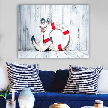 Lerretsbilde 70x100 cm - Hvit livbøye med røde detaljer og ankerformet dekorasjon i maritim stil - Hvit / Rød / Blå - Interiør - Maleri & posters - Lerretsbilder
