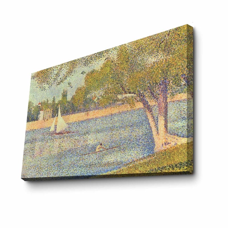 Lerretsbilde 70x100 cm - Idyllisk innsjølandskap med seilbåter og trær som gjenspeiler en rolig sommerstemning - Grønn / Blå / Beige - Interiør - Maleri & posters - Lerretsbilder