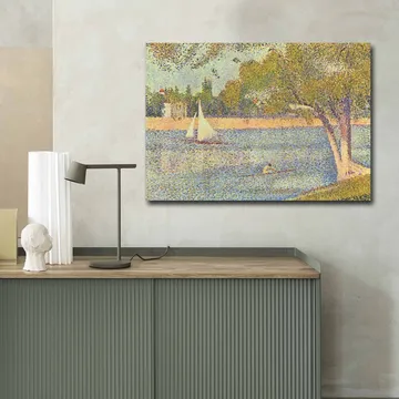 Lerretsbilde 70x100 cm - Idyllisk innsjølandskap med seilbåter og trær som gjenspeiler en rolig sommerstemning - Grønn / Blå / Beige - Interiør - Maleri & posters - Lerretsbilder