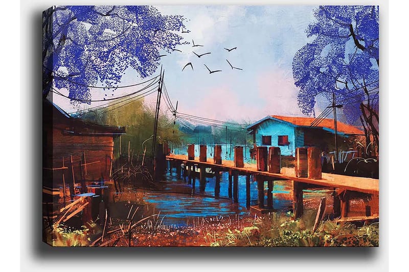Lerretsbilde 70x100 cm - Idyllisk landskapsmaleri med en brygge som strekker seg over en rolig vannflate, omgitt av fargerike hus og trær i lilla nyanser - Lilla / Blå / Brun - Interiør - Maleri & posters - Lerretsbilder