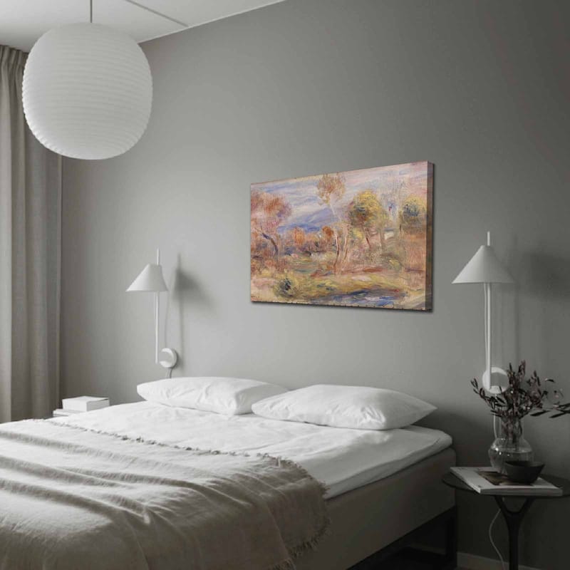 Lerretsbilde 70x100 cm - Idyllisk landskapsmaleri med trær og en speilblank innsjø i forgrunnen, Lys grønn / Beige / Lys blå